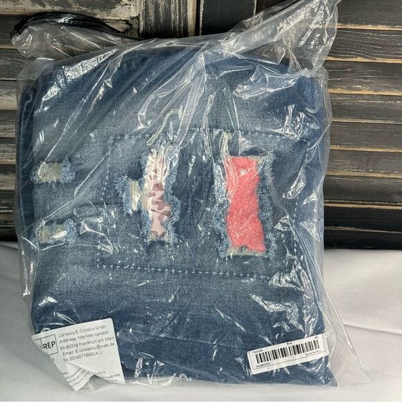 High Waisted Distressed Denim Jeans with Pink Patches, New XXL (14) - Picture 10 of 14